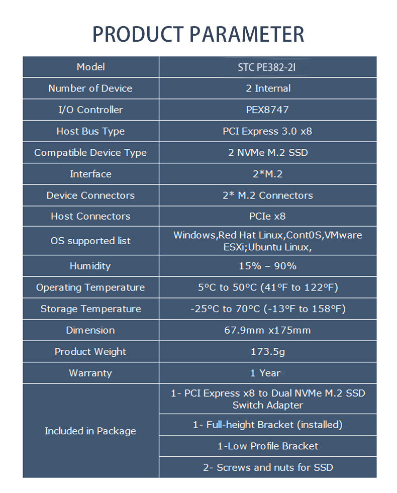 PCI Express x 8 to Dual M.2 NVMe SSD Switch Adapter-STC PE382-2IL