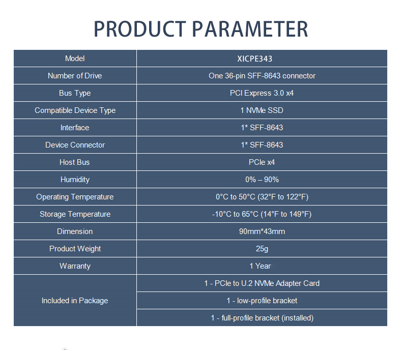 PCIe 3.0 x4 to U.2 NVMe Adapter Card - XIC PE343