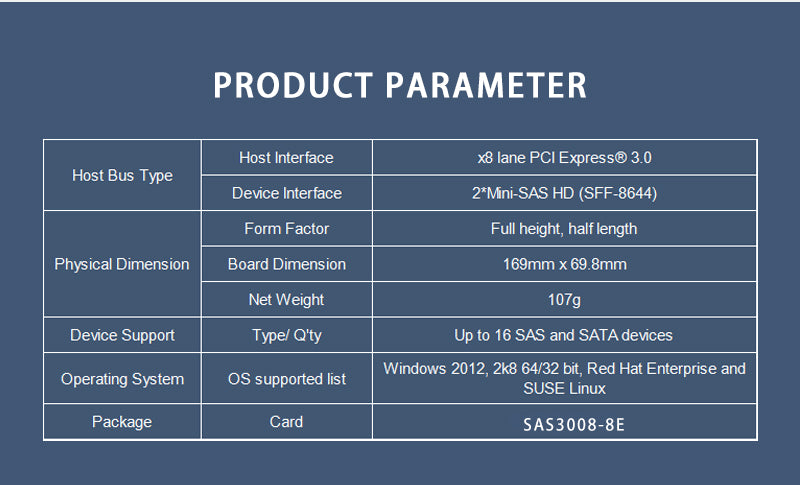 PCIe 3.0 x8 to 8-Port External SAS/SATA SFF-8643 HBA Card 12Gb/s-HBA SAS3008-8E