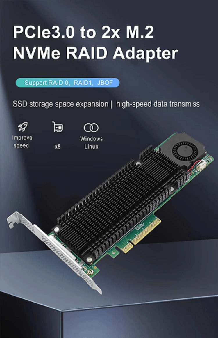 PCIe3.0 x8 to 2-Port M.2 NVMe Raid Adapter Marvell 88NR2241 Controller- 2241-2IR