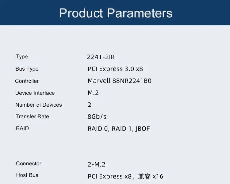 PCIe3.0 x8 to 2-Port M.2 NVMe Raid Adapter Marvell 88NR2241 Controller- 2241-2IR