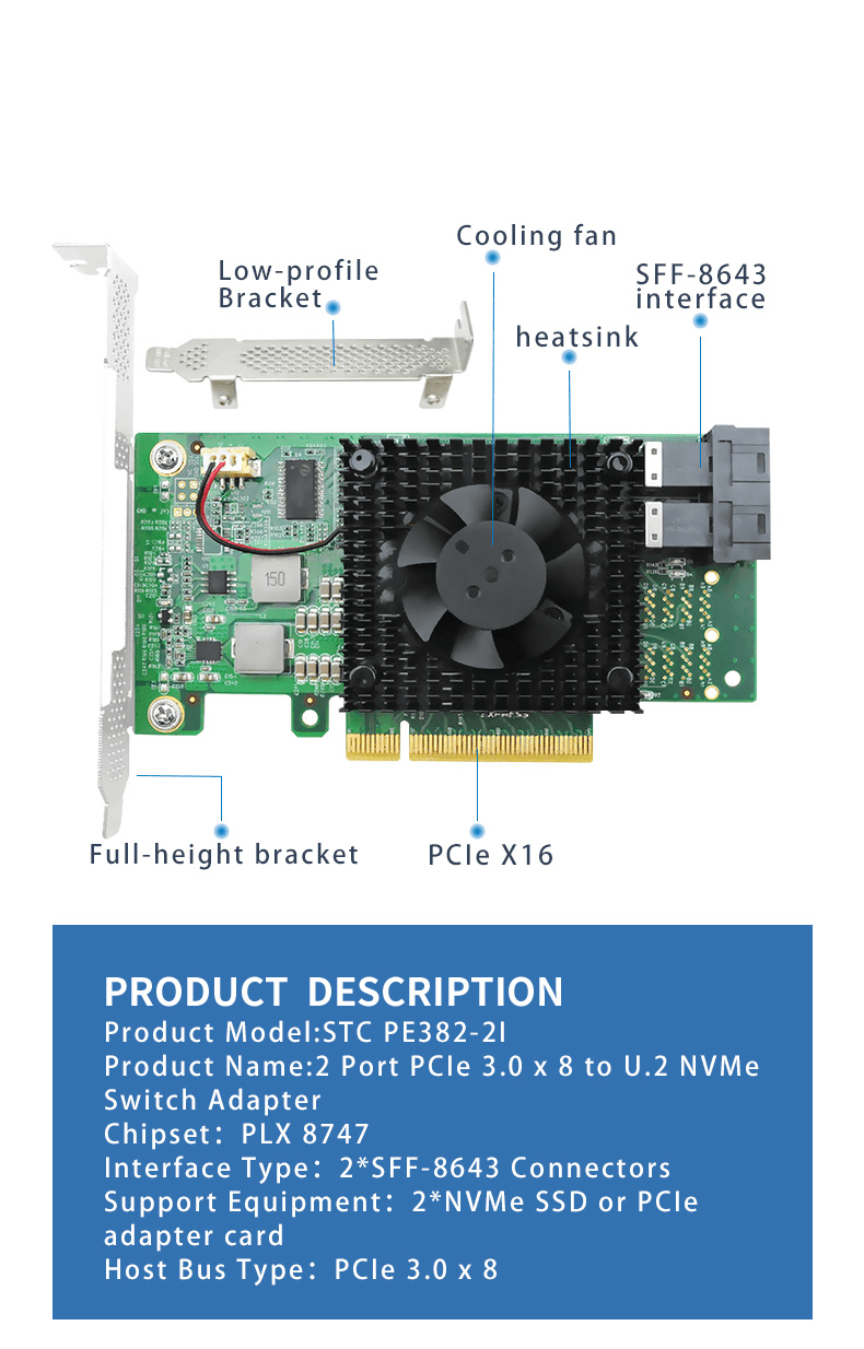 2 Port PCIe 3.0 x8 to SFF-8643 NVMe Switch Card-STC PE383-2I