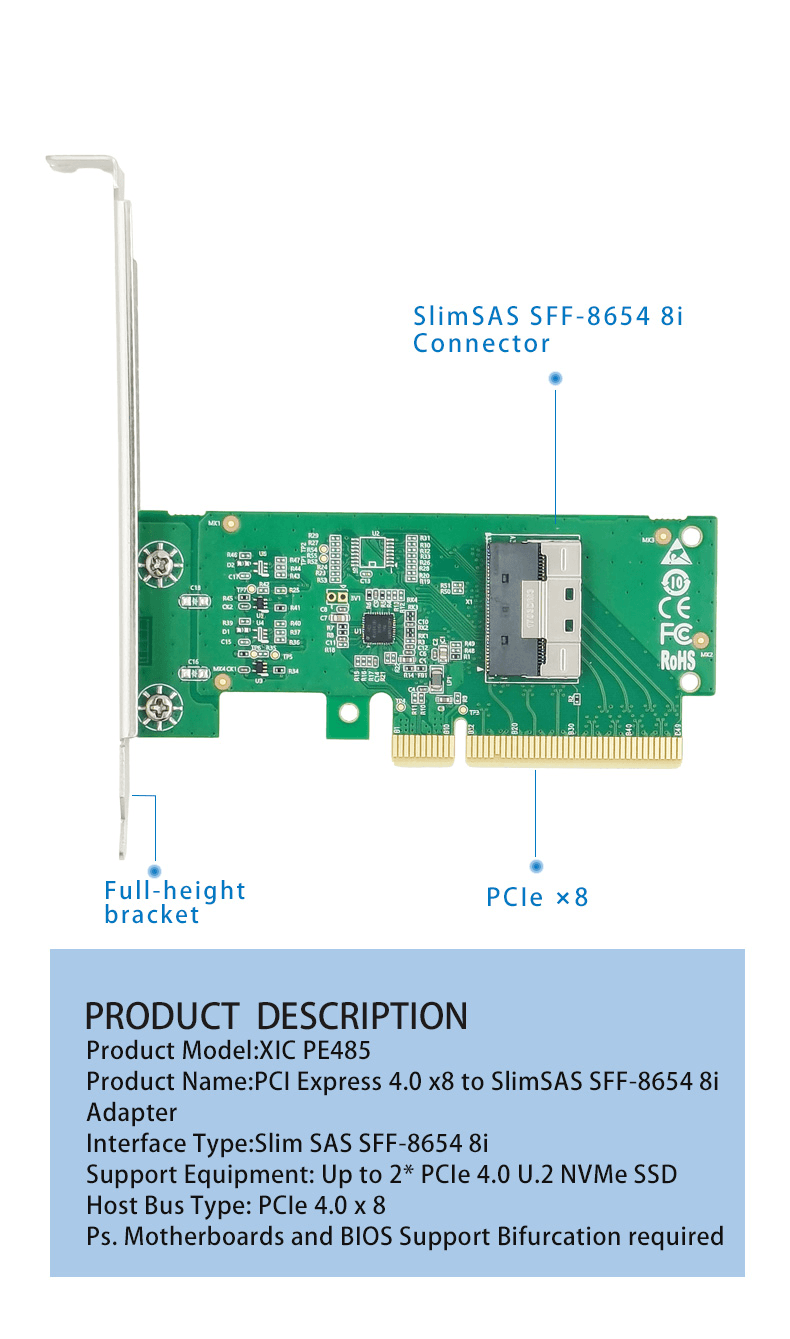 PCI Express 4.0 x8 to  SlimSAS SFF-8654 8i Adapter-XIC PE485