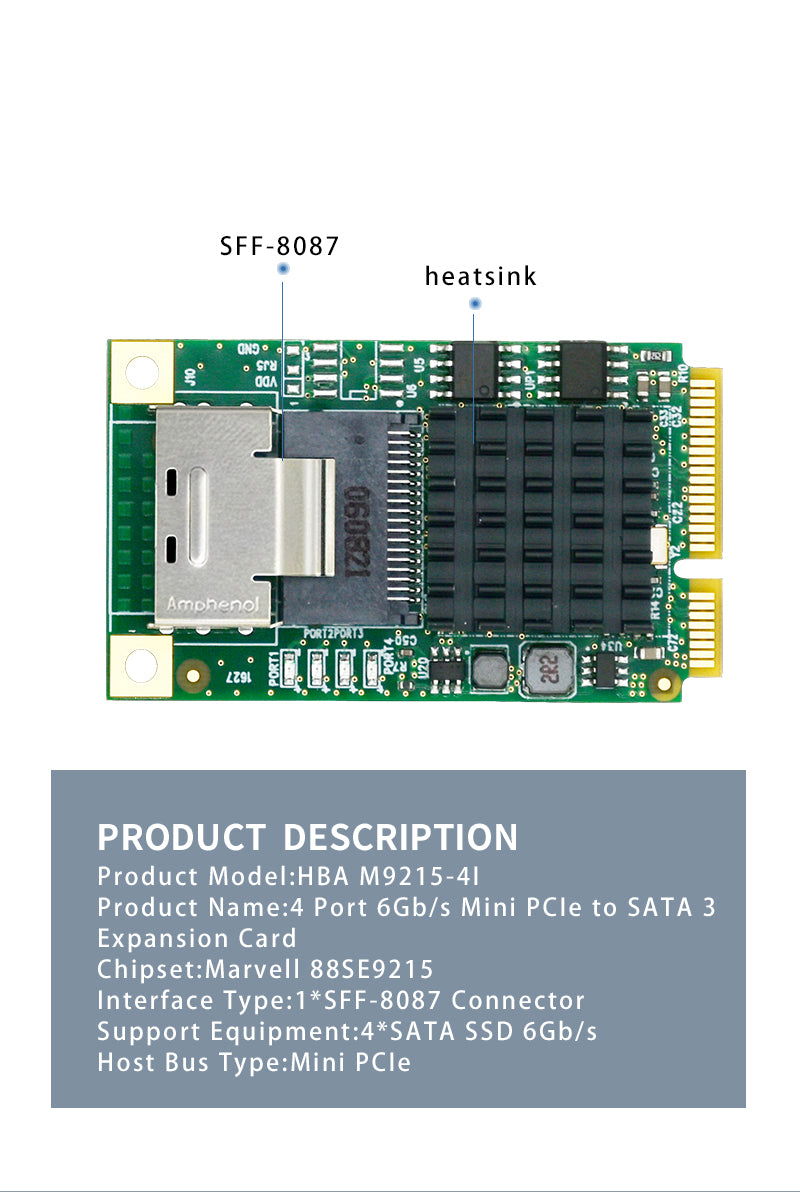 4 Port 6Gb/s Mini PCIe to SATA 3 Expansion Card-HBA M9215-4I
