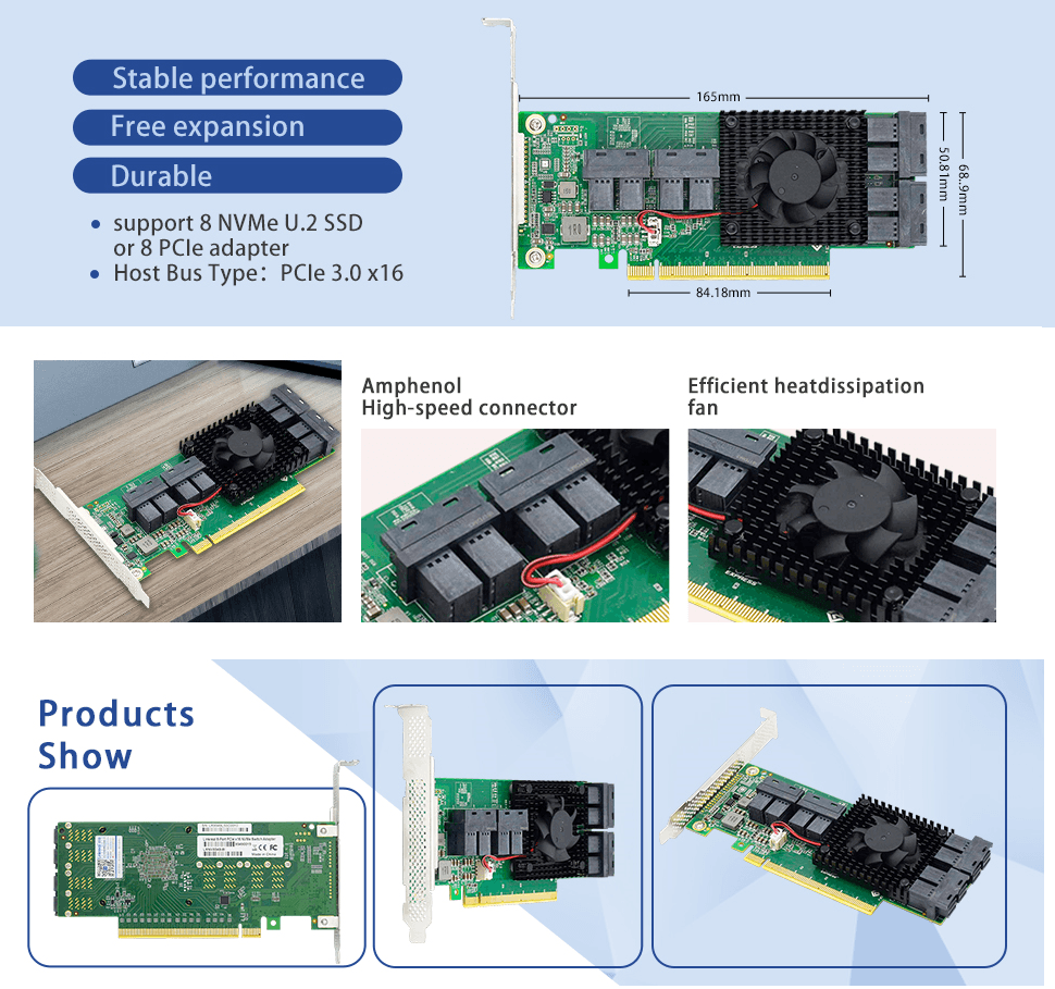 8 Port PCIe 3.0 x16 to Internal SFF-8643 NVMe Switch Card-STC PE3163-8I