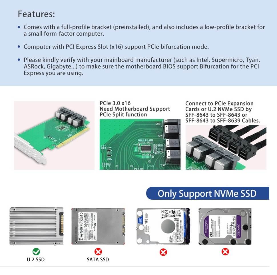 4-Port PCIe 3.0 x16 auf U.2 NVMe SFF-8643 Adapterkarte