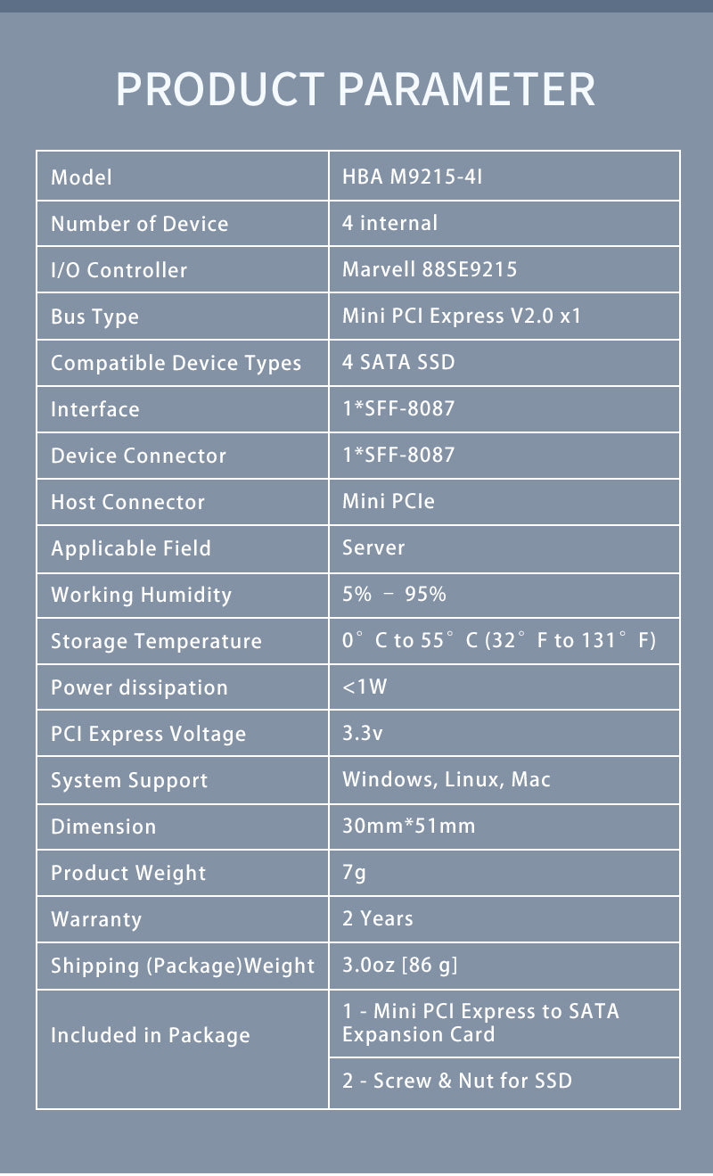 4 Port 6Gb/s Mini PCIe to SATA 3 Expansion Card-HBA M9215-4I