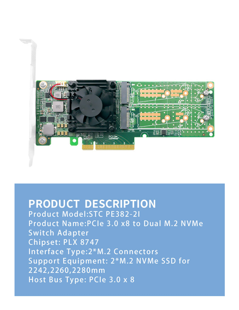 PCI Express x 8 to Dual M.2 NVMe SSD Switch Adapter-STC PE382-2IL