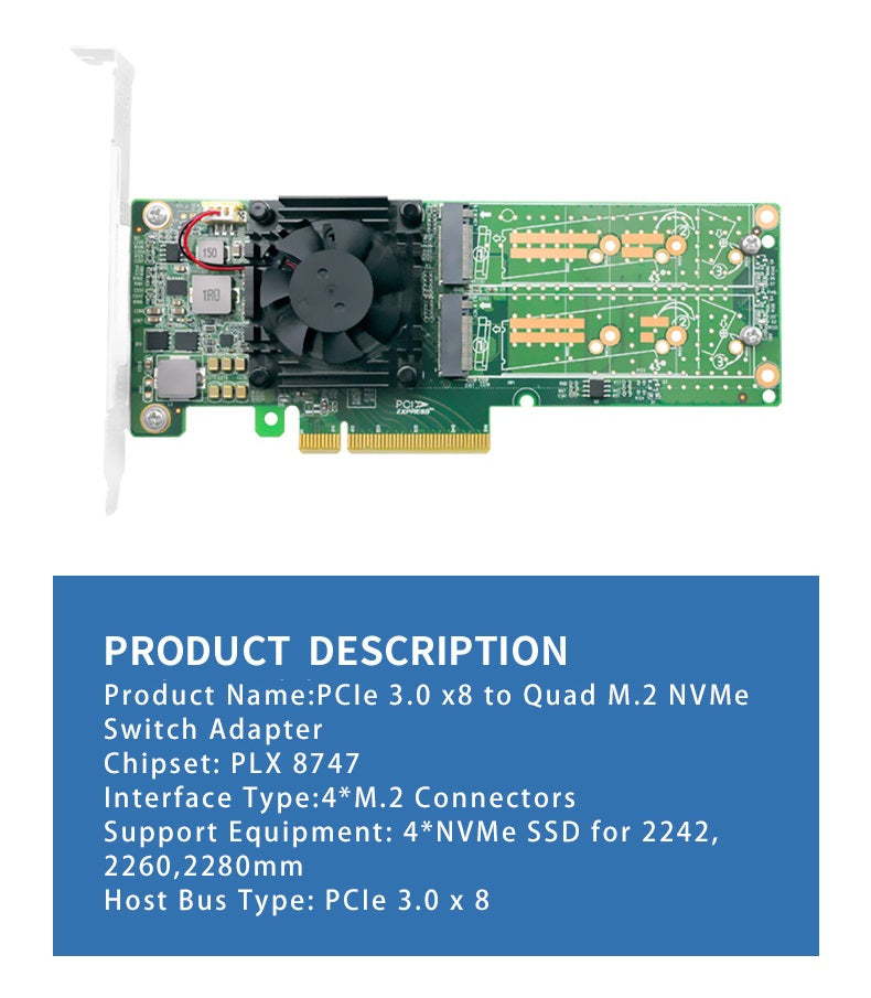 PCI Express x 8 auf Quad M.2 NVMe SSD Switch Adapter
