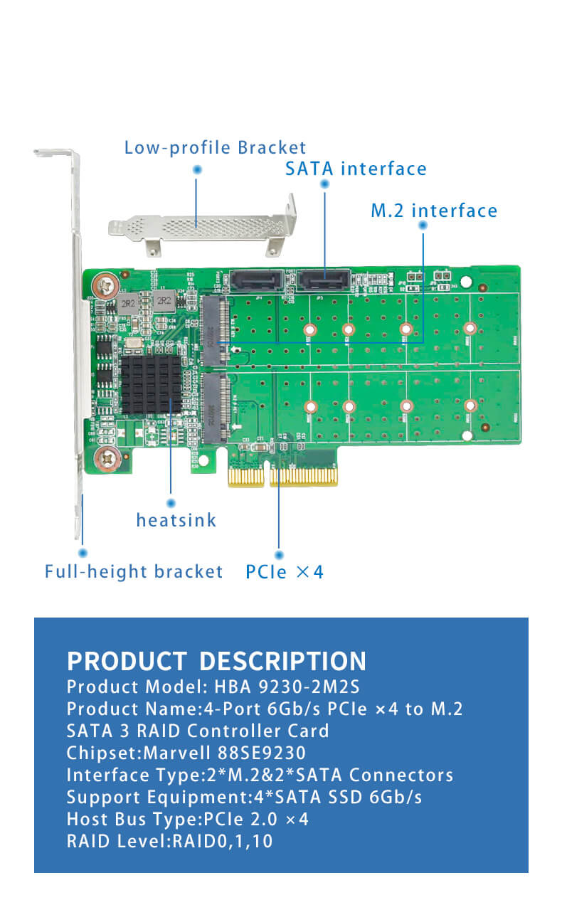 Dual 6Gb/s PCIe x4 to M.2 SATA3 RAID Controller Card-HBA 9230-2M2S