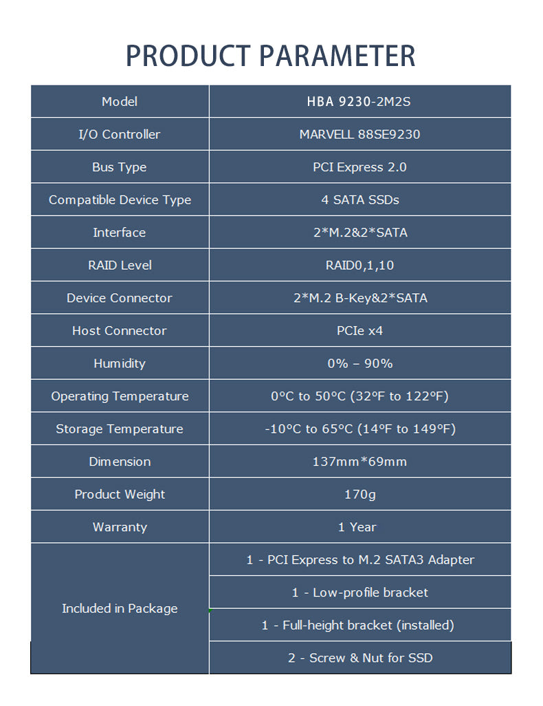 Dual 6Gb/s PCIe x4 to M.2 SATA3 RAID Controller Card-HBA 9230-2M2S