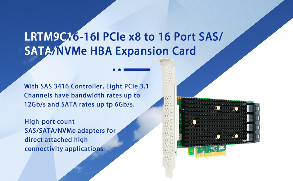 PCIe 3.1 x8 to 16 Port SAS/SATA/NVMe HBA Expansion Card - HBA SAS3416-16I