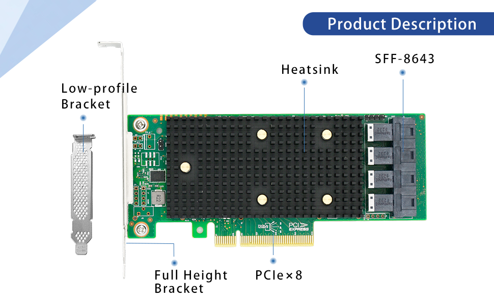 PCIe 3.1 x8 to 16 Port SAS/SATA/NVMe HBA Expansion Card - HBA SAS3416-16I