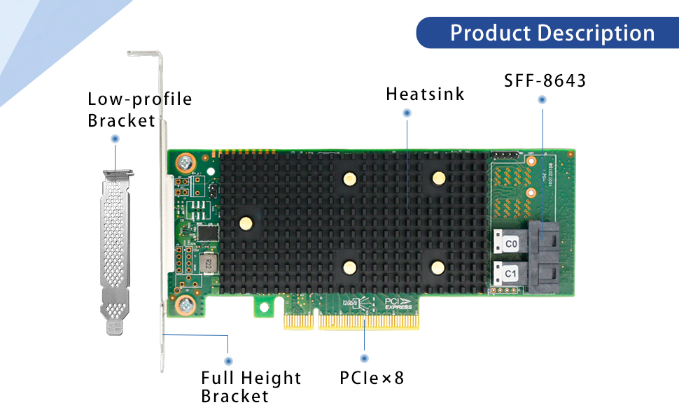 PCIe 3.1 x8 to 8 Port SAS/SATA/NVMe HBA Expansion Card - HBA SAS3408-8I
