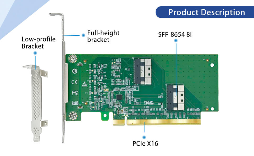 PCI Express 4.0 x16 to Two SlimSAS SFF-8654 8i Adapter-XIC PE4165-4I