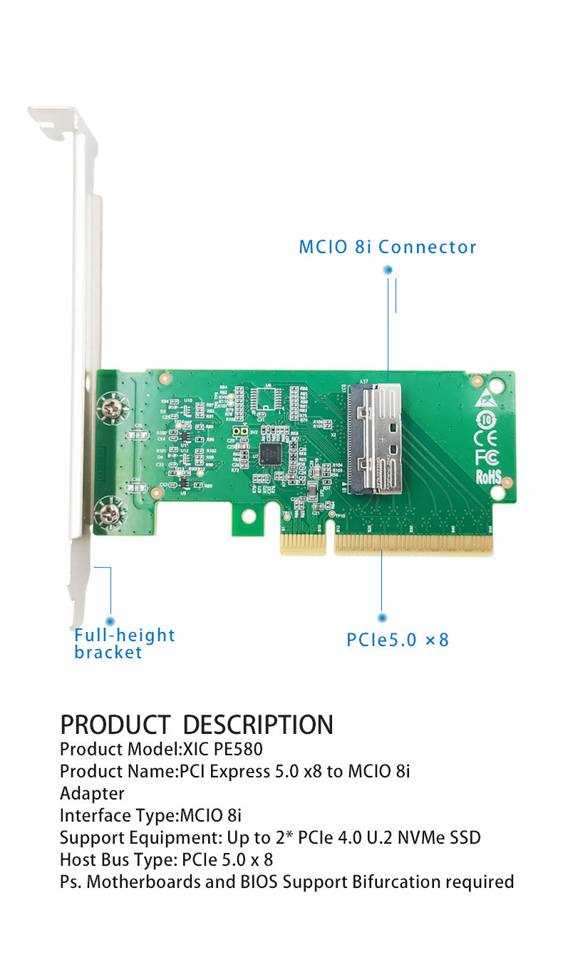 PCIe 5.0 x8 to MCIO 8i Adapter Card Support 2*PCIe 5.0 U.2 NVMe SSD-XIC PE580