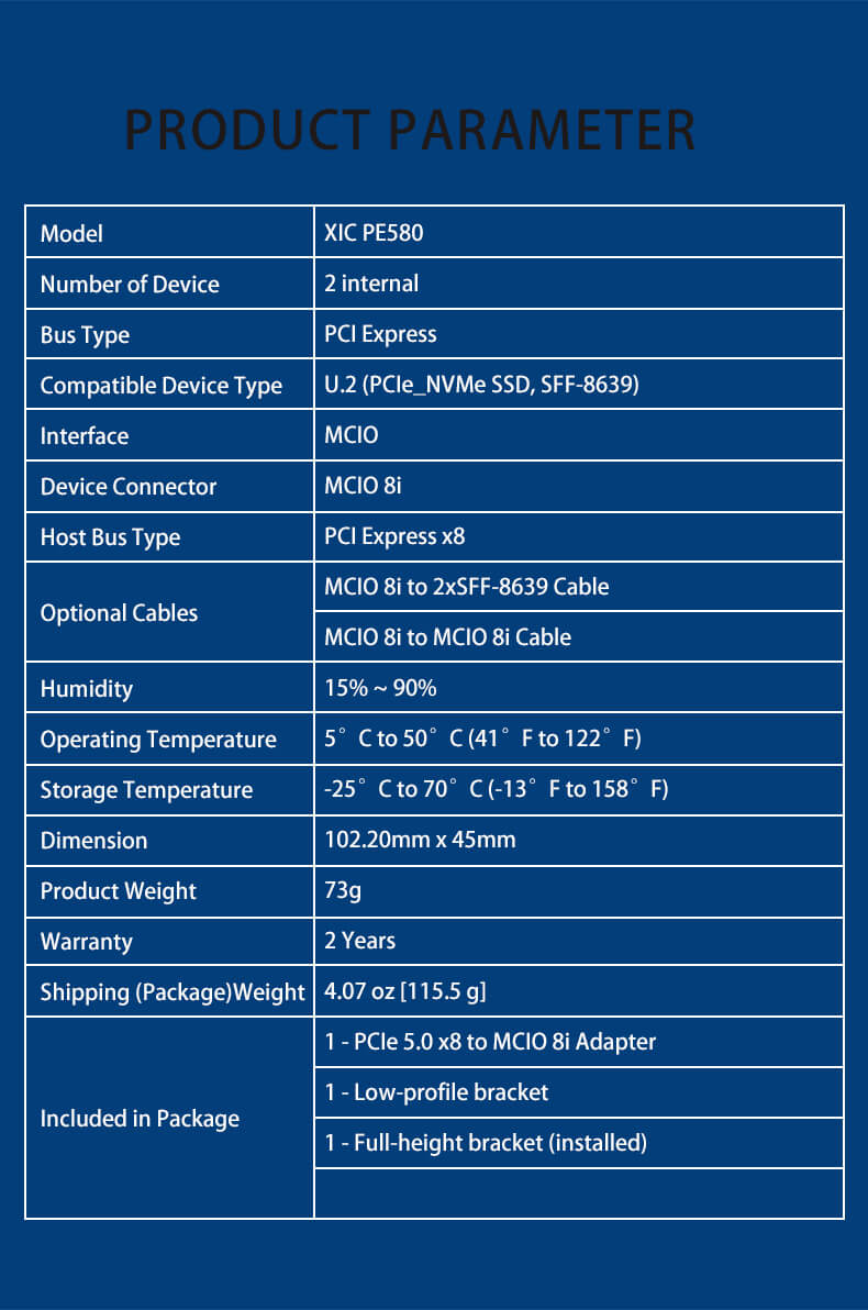 PCIe 5.0 x8 to MCIO 8i Adapter Card Support 2*PCIe 5.0 U.2 NVMe SSD-XIC PE580